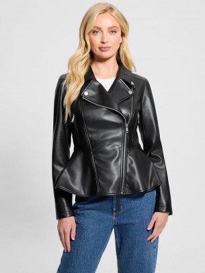 Guess Ivy Faux-Leather Peplum Moto Jacket Zwart | GUESS-SN28079
