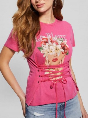 Guess Le Fleur Lace-Up Tee Roze | GUESS-SN27080