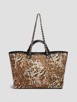 Guess Leopard Canvas Beach Tote Bruin | GUESS-SN29378
