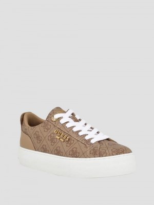 Guess Logo Print Low-Top Sneakers Beige | GUESS-SN29570