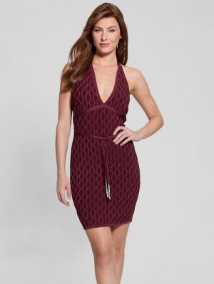Guess Lucia Belted Wavy Sweater Dress Rood | GUESS-SN27045