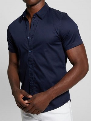 Guess Luxe Stretch Short-Sleeve Shirt Blauw | GUESS-SN31266