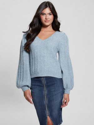 Guess Madeline Textured V-Neck Sweater Blauw | GUESS-SN27766