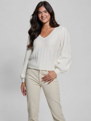 Guess Madeline Textured V-Neck Sweater Wit | GUESS-SN27712