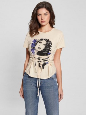 Guess Manga Girl Lace-Up Tee Beige | GUESS-SN27361