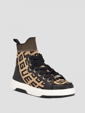 Guess Mannen Logo Knit High-Top Sneakers Bruin | GUESS-SN29529