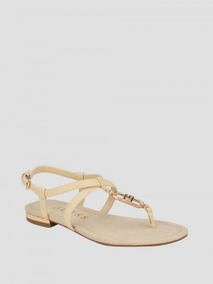 Guess Meaa Chain T-Strap Sandals Beige | GUESS-SN29624