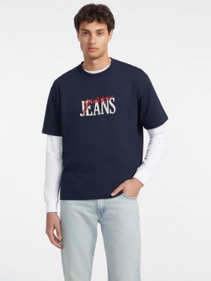 Guess Mixed Logo Tee Blauw | GUESS-SN30489