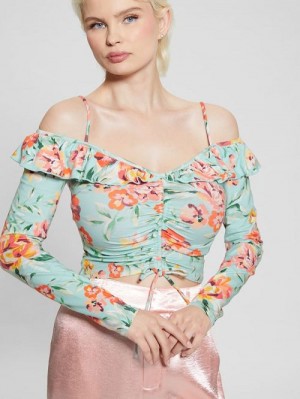 Guess Off-the-Shoulder Ruffle Shaina Top Blauw | GUESS-SN27087