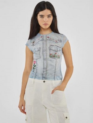 Guess Originals Printed Denim Mesh Top Blauw | GUESS-SN27120