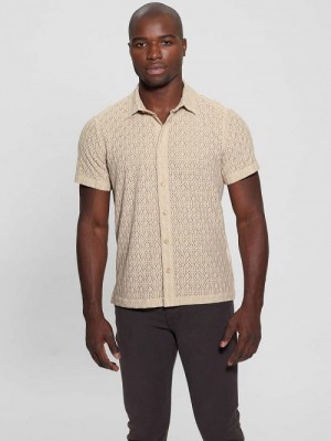 Guess Reeves Perforated Woven Shirt Beige | GUESS-SN31315