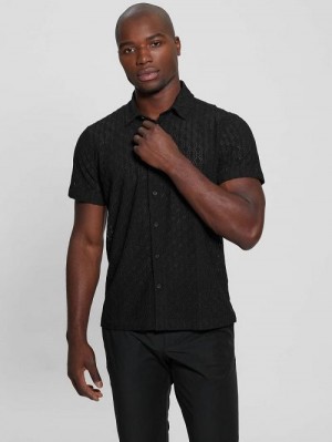 Guess Reeves Perforated Woven Shirt Zwart | GUESS-SN31290