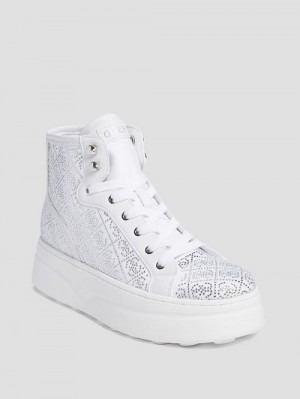 Guess Rhinestone Quattro G High-Top Sneakers Wit | GUESS-SN29557
