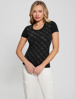 Guess Rhinestone Quattro G Tee Zwart | GUESS-SN27314