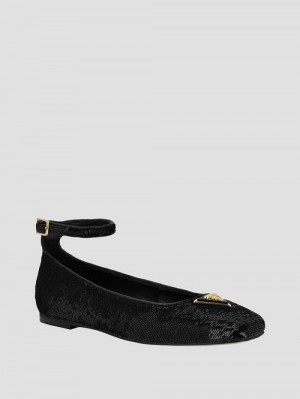 Guess Sequin Ankle Strap Ballet Flats Zwart | GUESS-SN29885