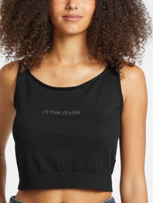 Guess Silk and Wool-Blend Scoop Logo Sweater Tank Zwart | GUESS-SN27439