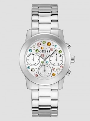 Guess Silver-Tone Colored Crystal Multifunction Watch Zilver | GUESS-SN29978