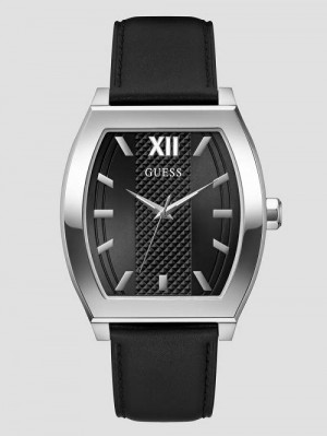 Guess Silver-Tone and Black Leather Analog Watch Zilver | GUESS-SN31670
