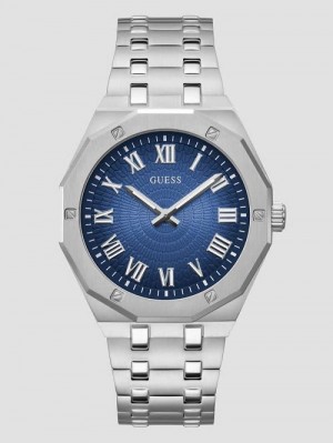 Guess Silver-Tone and Blue Octagonal Analog Watch Zilver | GUESS-SN31676