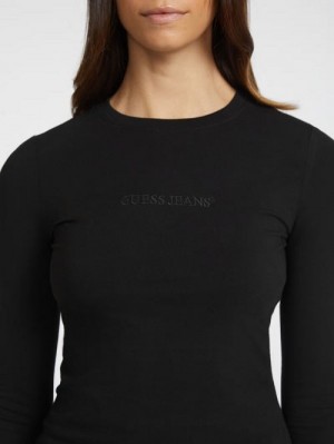 Guess Slim Embroidered Long-Sleeve Tee Zwart | GUESS-SN27565