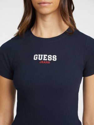Guess Slim Rib-Knit Embroidered Tee Blauw | GUESS-SN27212