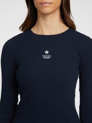 Guess Slim Rib-Knit Star Tee Blauw | GUESS-SN27484