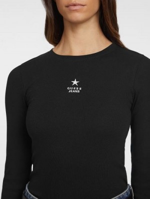 Guess Slim Rib-Knit Star Tee Zwart | GUESS-SN27513