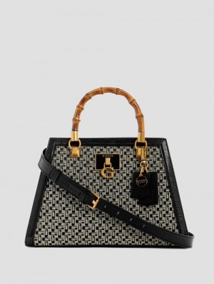 Guess Stephi Jacquard Logo Bamboo Satchel Zwart | GUESS-SN29304