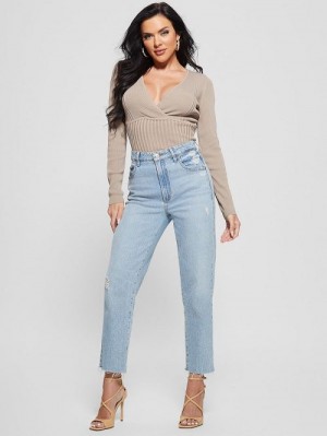 Guess Surplice Soft Bandage Sweater Top Beige | GUESS-SN27737