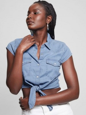 Guess Tie-Front Crop Western Shirt Blauw | GUESS-SN27220
