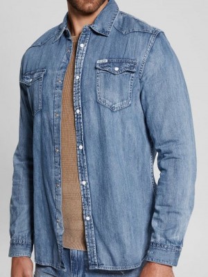 Guess Truckee Long-Sleeve Denim Shirt Blauw | GUESS-SN31107