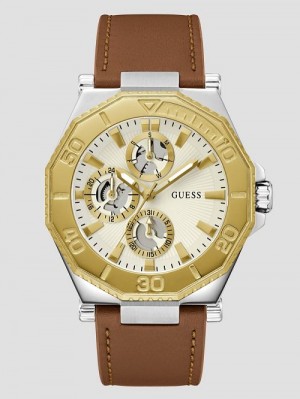 Guess Two-Tone and Brown Leather Multifunction Watch Goud | GUESS-SN31656