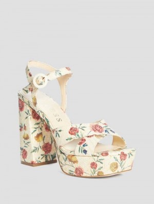 Guess Vallenn Floral Platform Sandals Beige | GUESS-SN29760