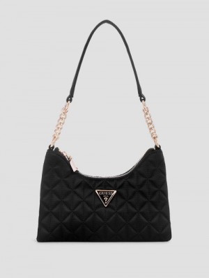 Guess Velina Quilted Satin Mini Shoulder Bag Zwart | GUESS-SN29140