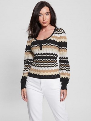 Guess Virginia Chevron Stripe Henley Sweater Zwart Wit | GUESS-SN27585