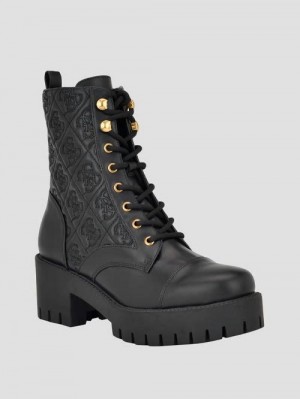 Guess Waite Embossed Lace-Up Moto Boots Zwart | GUESS-SN29913