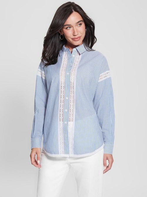 Guess Abigail Striped Lace Trim Shirt Blauw | GUESS-SN27550