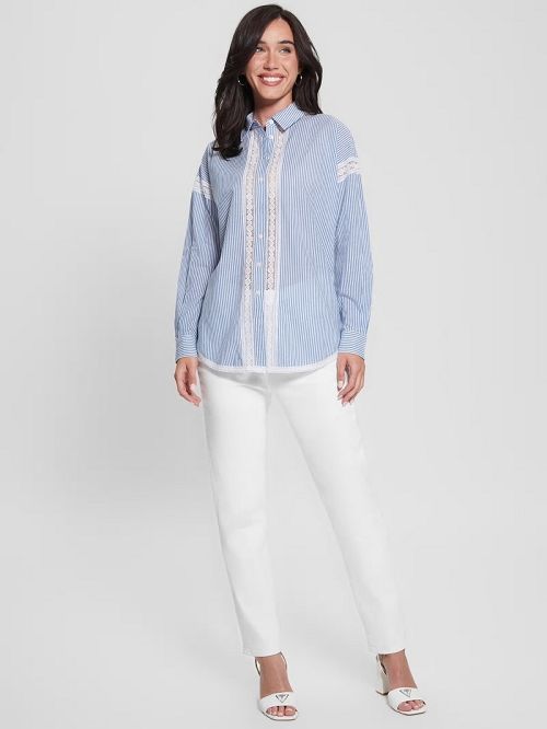 Guess Abigail Striped Lace Trim Shirt Blauw | GUESS-SN27550