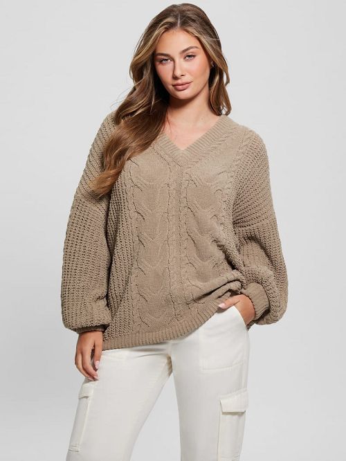 Guess Aki Chenille Cable-Knit Sweater Beige | GUESS-SN27643