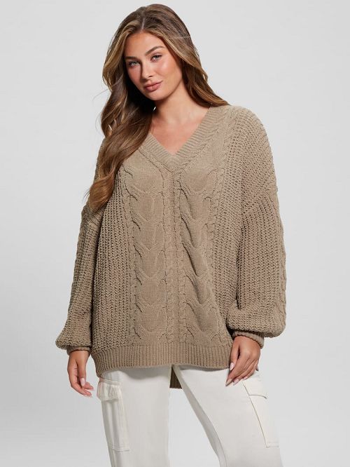 Guess Aki Chenille Cable-Knit Sweater Beige | GUESS-SN27643