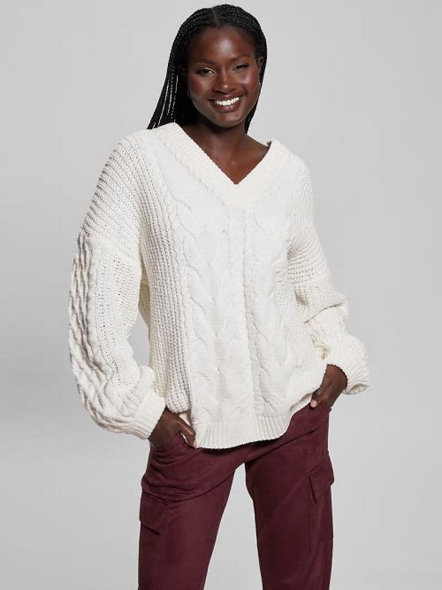 Guess Aki Chenille Cable-Knit Sweater Wit | GUESS-SN27855