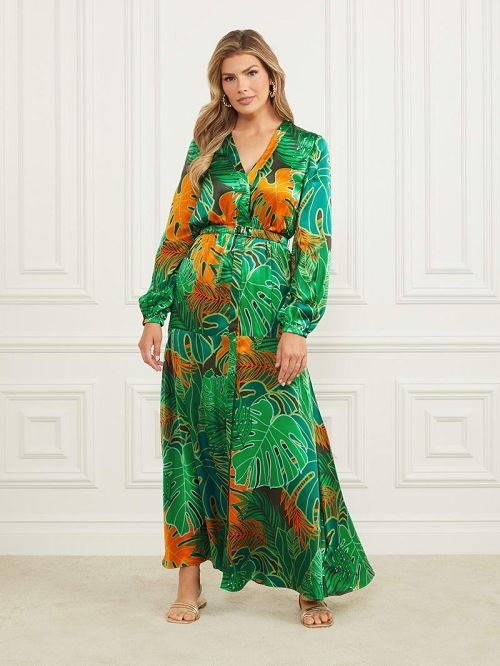 Guess Amazon Leaf Belted Silk Dress Multi | GUESS-SN26744