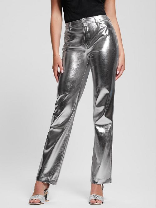 Guess Ambra Metallic Faux-Leather Pants Zilver | GUESS-SN28209
