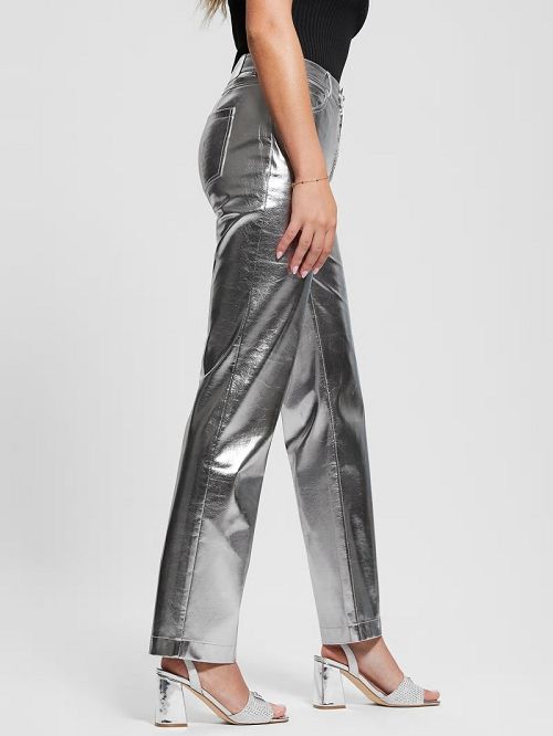 Guess Ambra Metallic Faux-Leather Pants Zilver | GUESS-SN28209