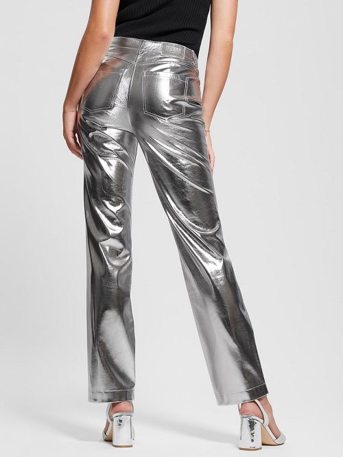 Guess Ambra Metallic Faux-Leather Pants Zilver | GUESS-SN28209