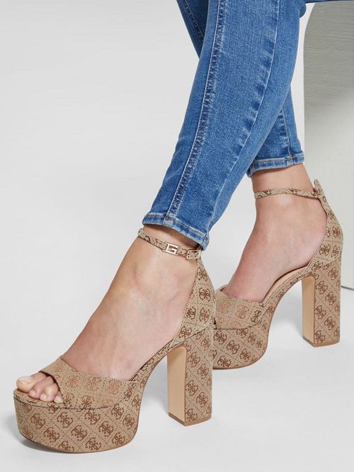 Guess Ankle Strap Logo Platform Heels Bruin | GUESS-SN29680