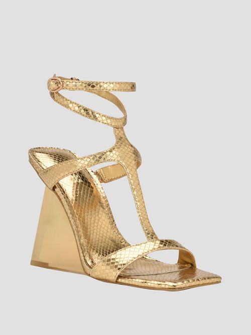 Guess Bacio Metallic T-Strap Wedge Heels Goud | GUESS-SN29861