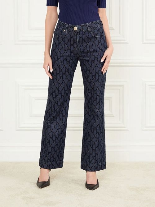 Guess Bea Monogram Print Denim Pant Blauw | GUESS-SN26542