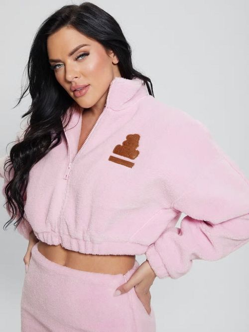 Guess Bunny Patch Sherpa Fleece Zip Jacket Roze | GUESS-SN27955