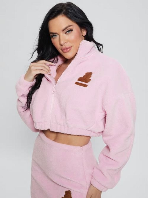 Guess Bunny Patch Sherpa Fleece Zip Jacket Roze | GUESS-SN27955